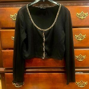 Black Cardigan with Leopard Trim